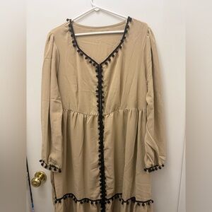 Beige Dress with Black Pom-Pom Trim